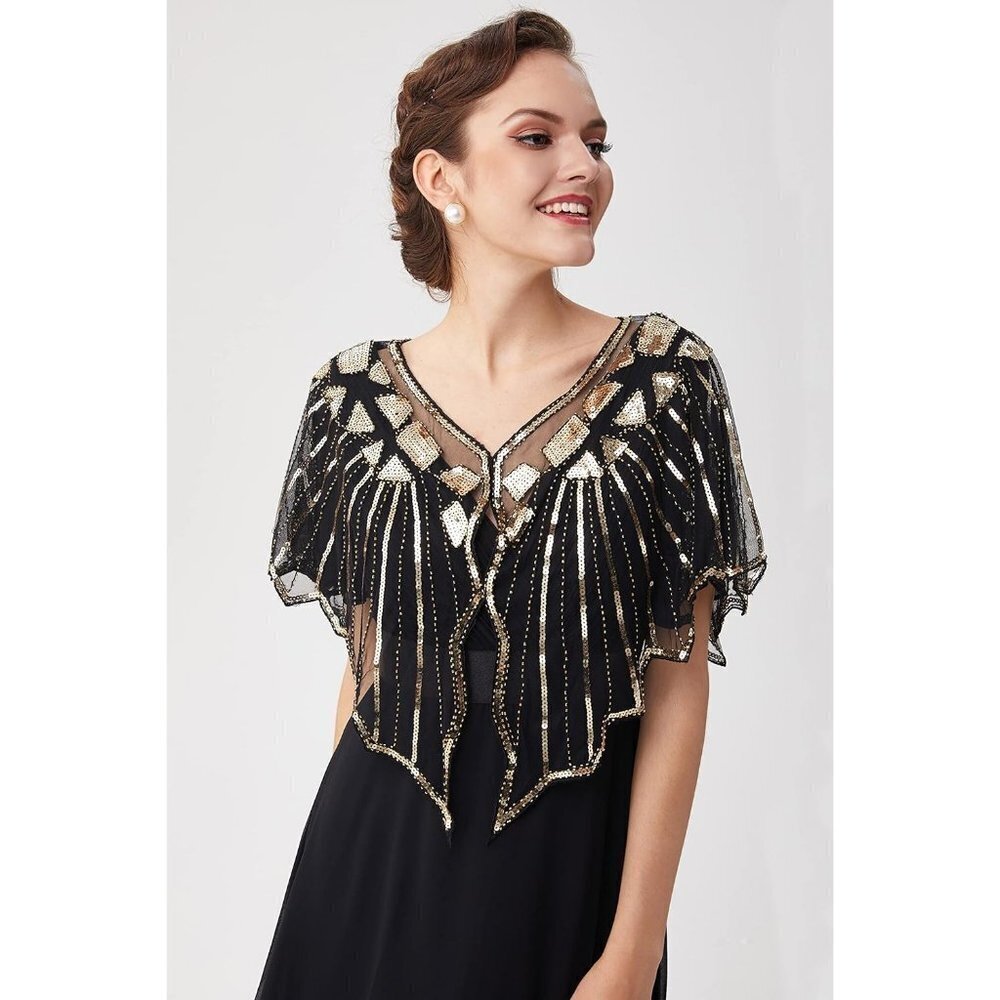 Women Sequin  Beaded Evening flapper Cape 1920s Shawl Wraps (Gold) - Picture 2 of 6